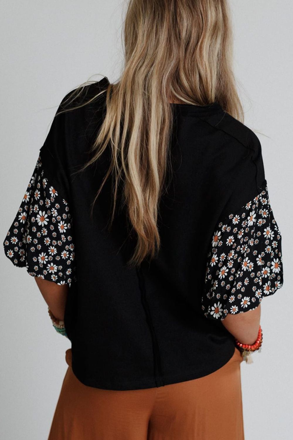Contrast Floral Puff Sleeve Oversized Top