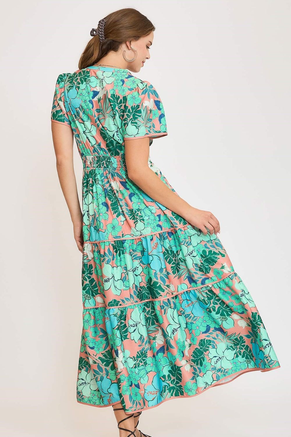 Umgee Full Size Printed Notched Short Sleeve Tiered Dress Plus Size