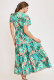 Umgee Full Size Printed Notched Short Sleeve Tiered Dress Plus Size
