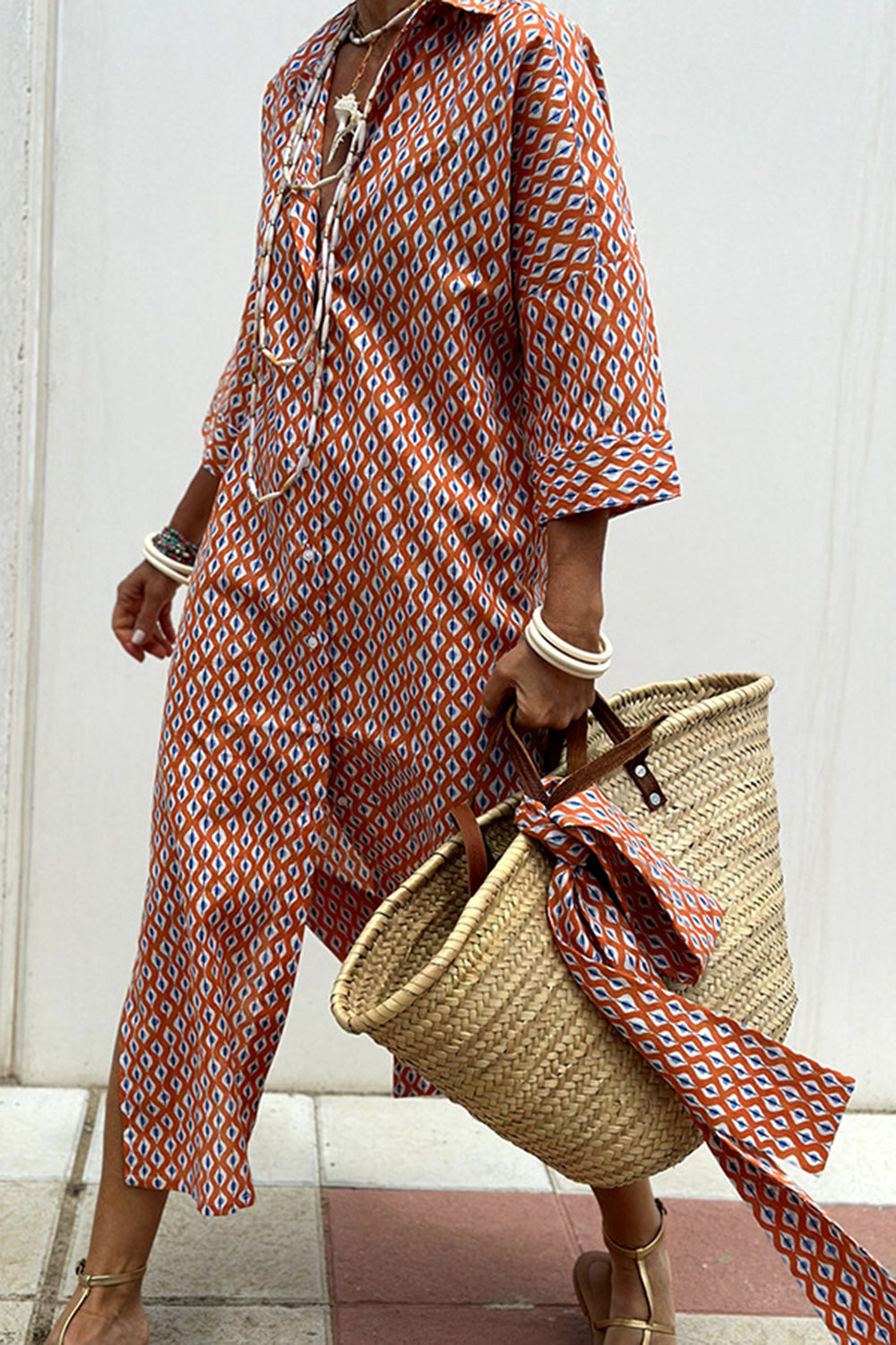 Tied Button Up Three-Quarter Sleeve Dress - felvior
