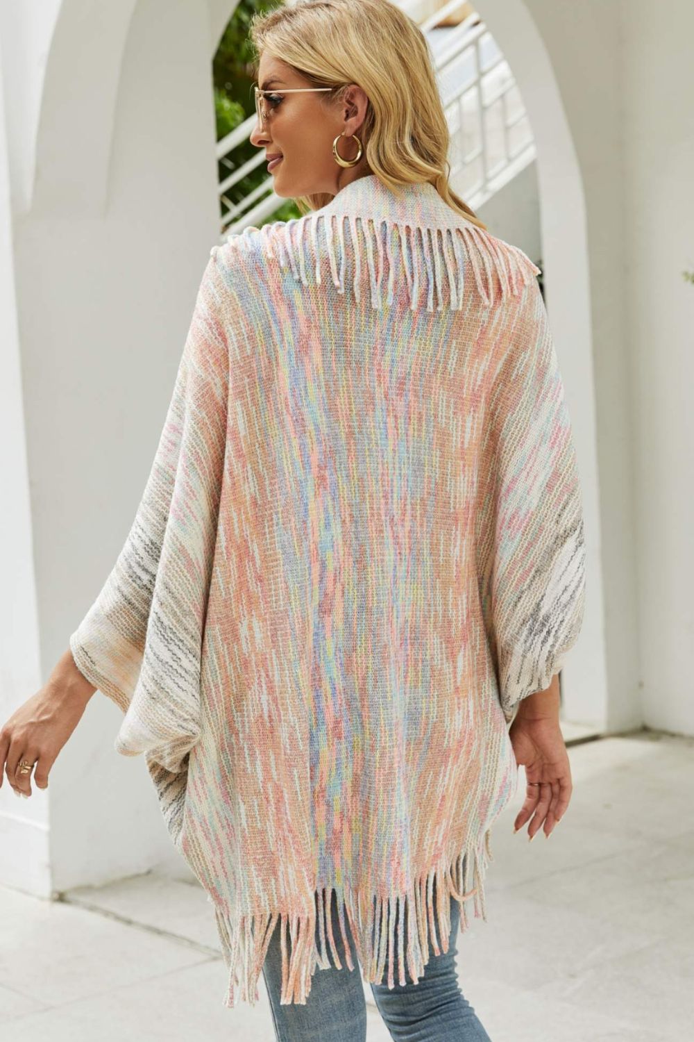 Multicolored Fringe Trim Poncho - felvior