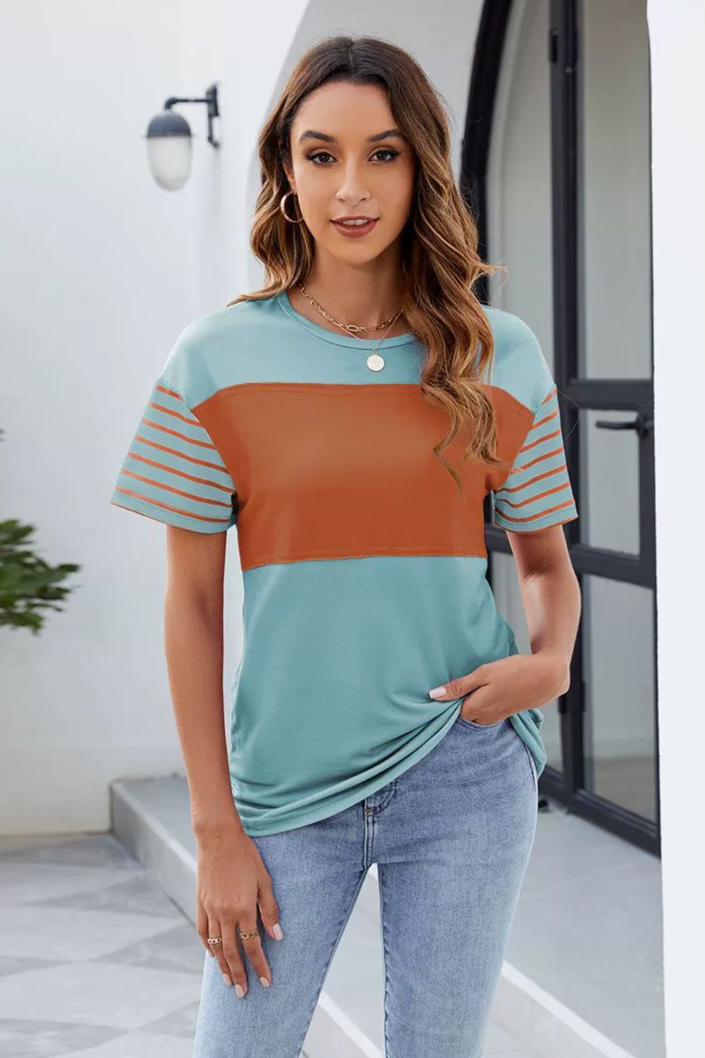 Color Block Round Neck Short Sleeve T-Shirt