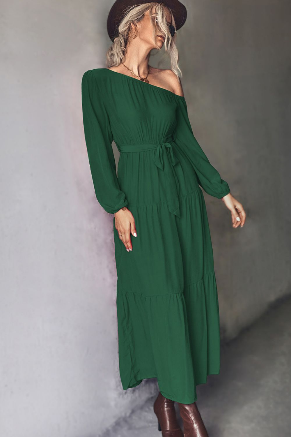 Belted One-Shoulder Tiered Maxi Dress - felvior