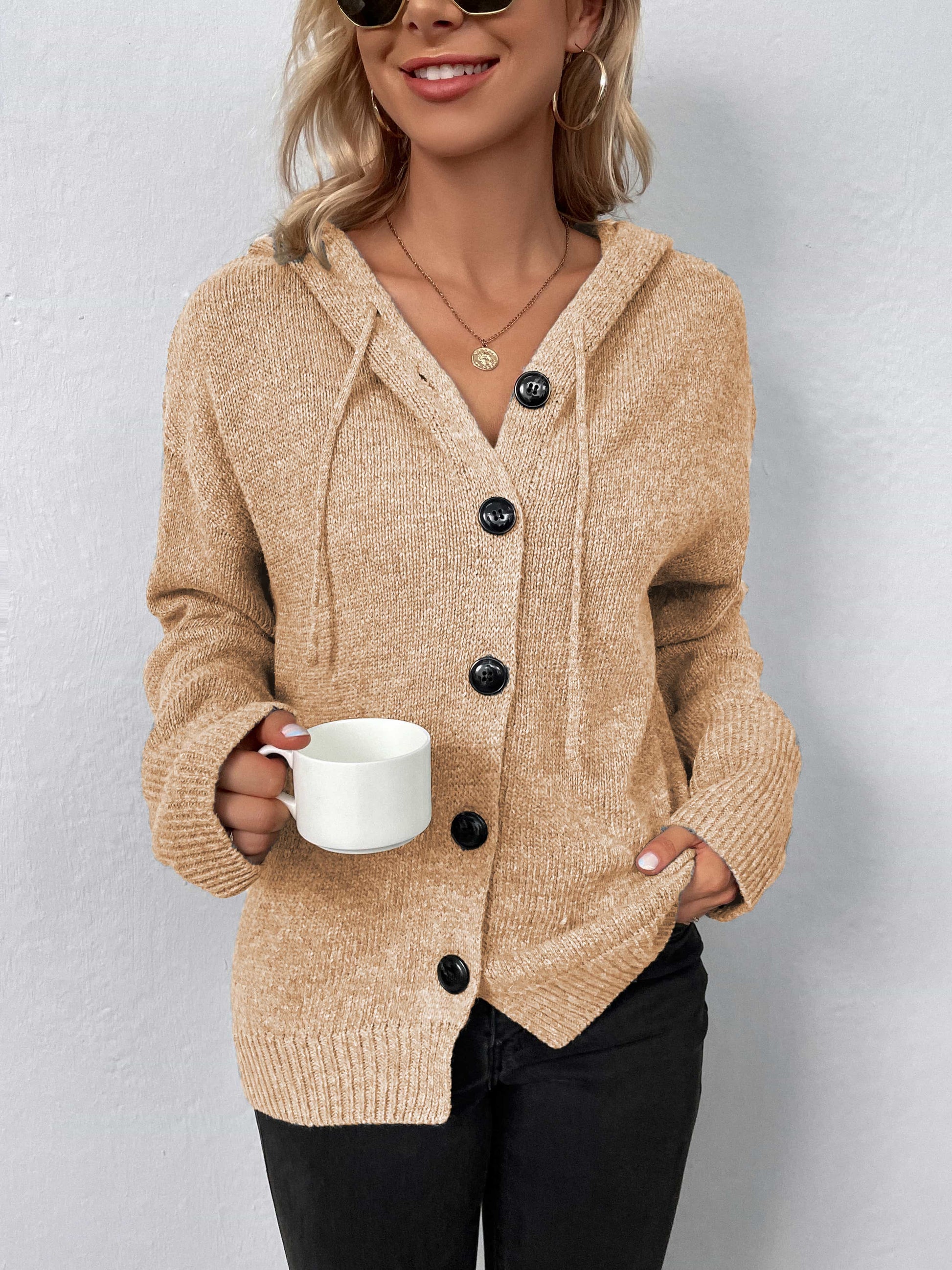 Button-Down Long Sleeve Hooded Sweater - felvior