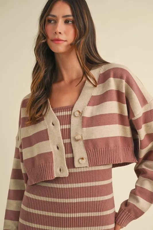 MABLE Stripe Crop Cardigan and Bodycon Dress Sweater Set - felvior
