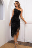 Sequin Asymmetrical Fringe Hem One-Shoulder Dress - felvior