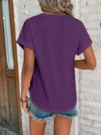 Eyelet Round Neck Short Sleeve T-Shirt