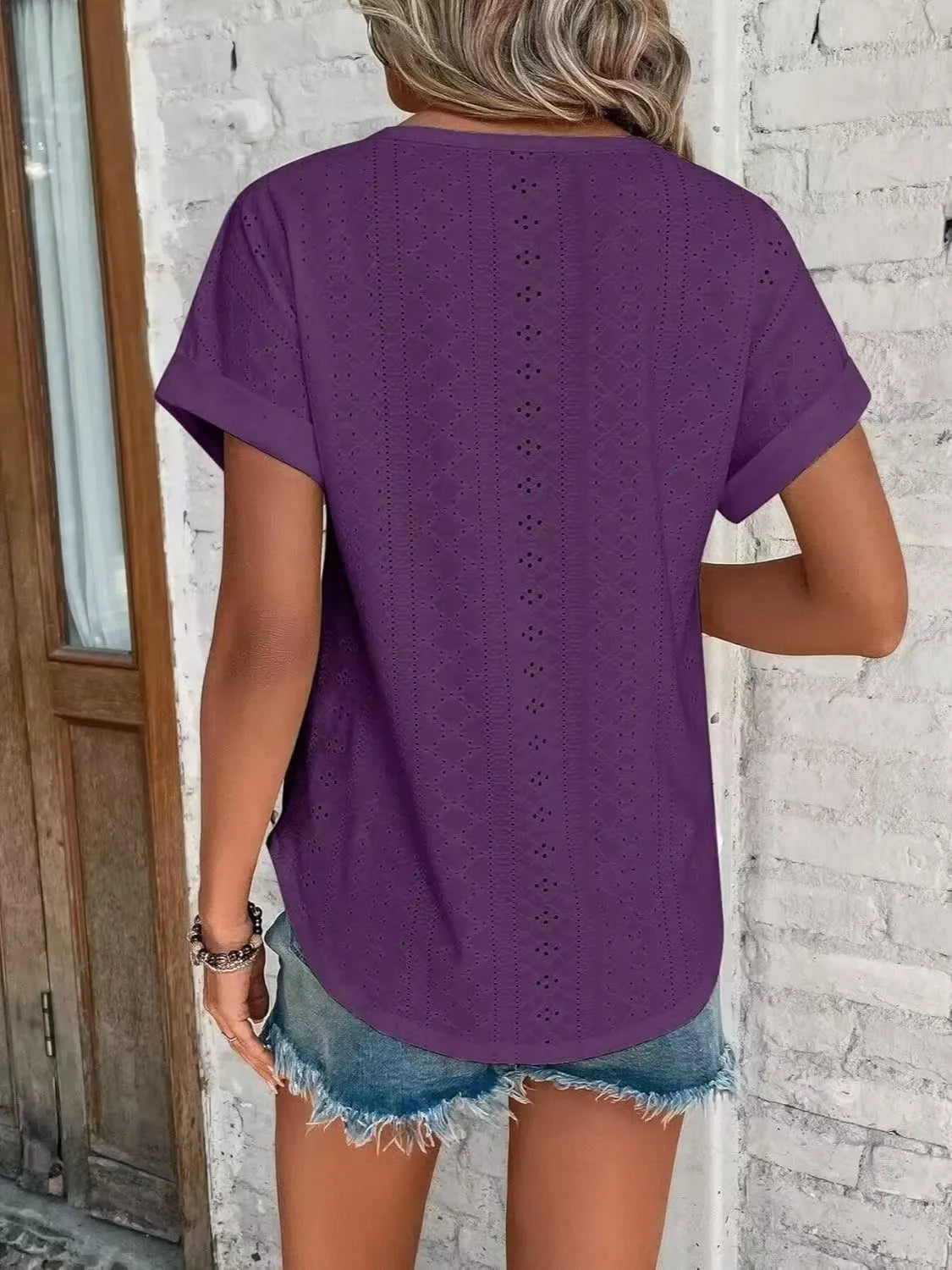 Eyelet Round Neck Short Sleeve T-Shirt