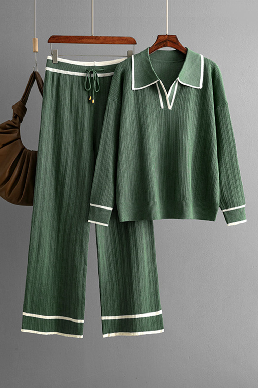 Contrast Trim Johnny Collar Top and Drawstring Pants Sweater Set - felvior