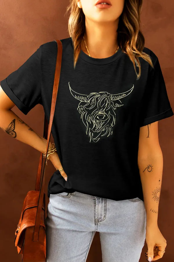 Bull Head Embroidered Round Neck T Shirt - felvior