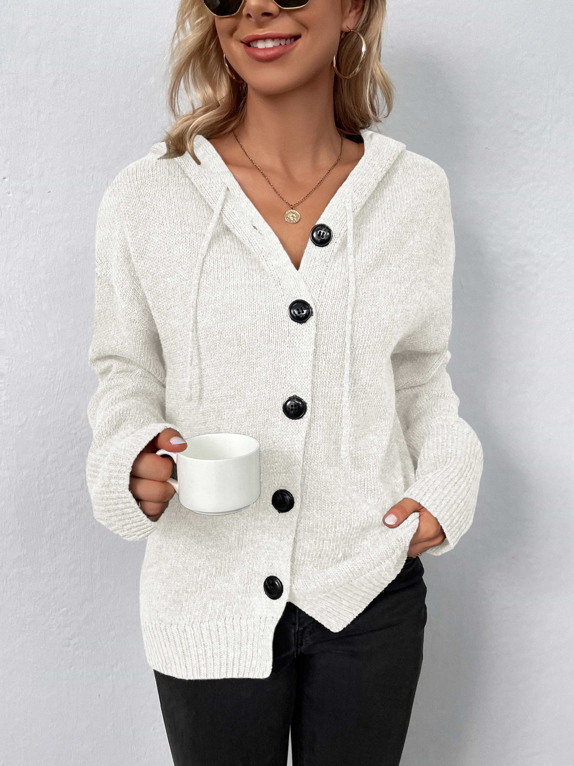 Button-Down Long Sleeve Hooded Sweater - felvior