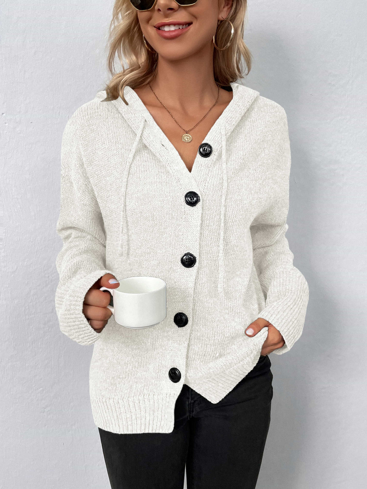 Button-Down Long Sleeve Hooded Sweater - felvior