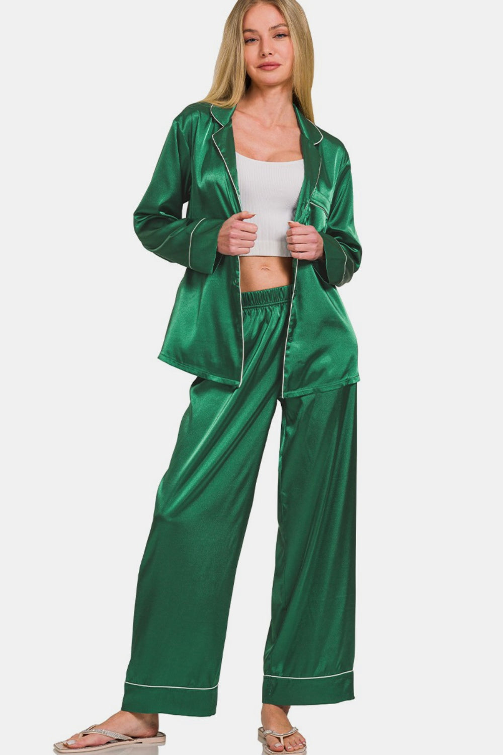 Zenana Satin Long Sleeve Shirt and Pants Pajama Set Zweitbild