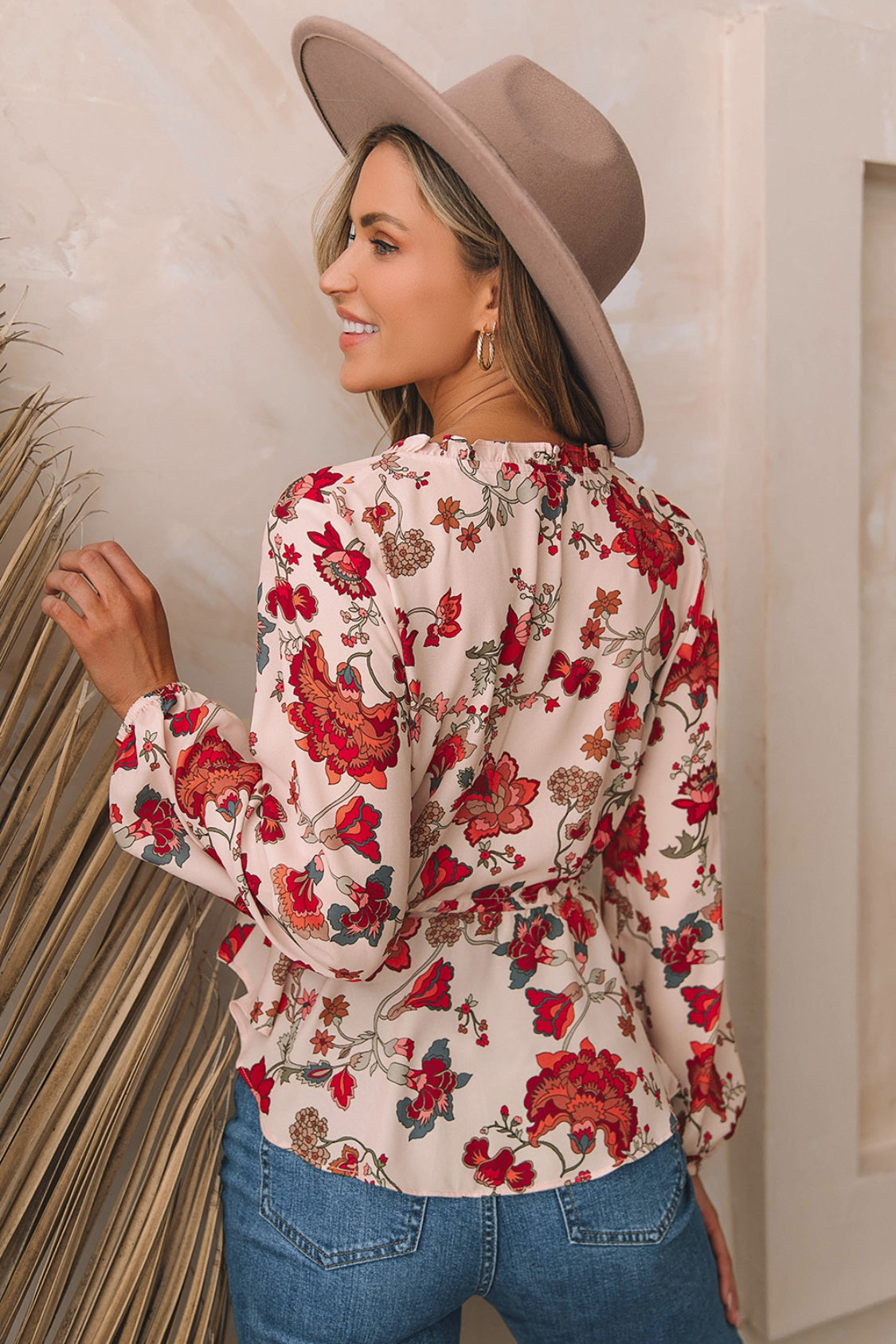 Floral V-Neck Drawstring Peplum Blouse - felvior