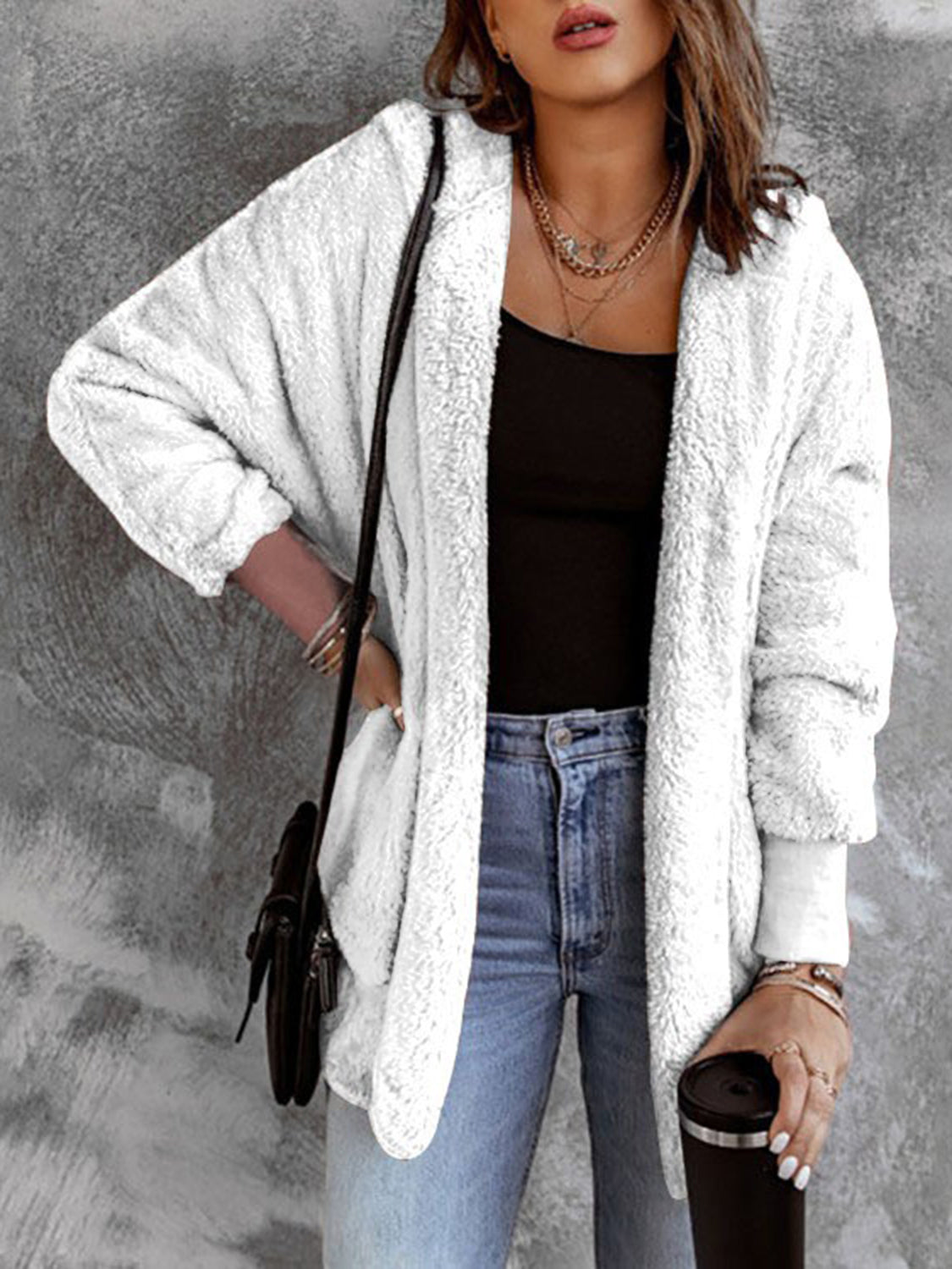 Open Front Hooded Faux Fur Outwear with Pockets - felvior