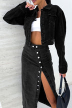 Button Fly Side Split Denim Midi Skirt