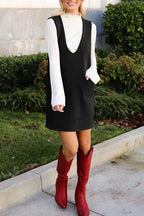 Lovelet Pocketed V-Neck Mini Sweater Overall Dress