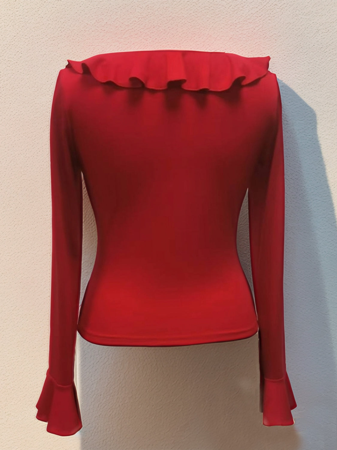 Ruffled V-Neck Long Sleeve T-Shirt - felvior