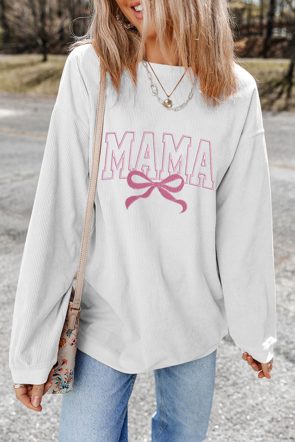 MAMA Bow Round Neck Long Sleeve Sweatshirt
