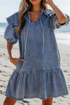 Ruffled Side Pockets Puff Sleeve Denim Mini Dress