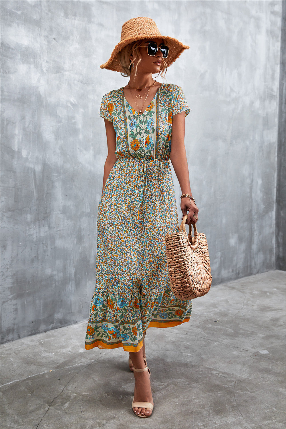 V-Neck Short Sleeve Printed Maxi Dress - felvior