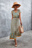 V-Neck Short Sleeve Printed Maxi Dress - felvior