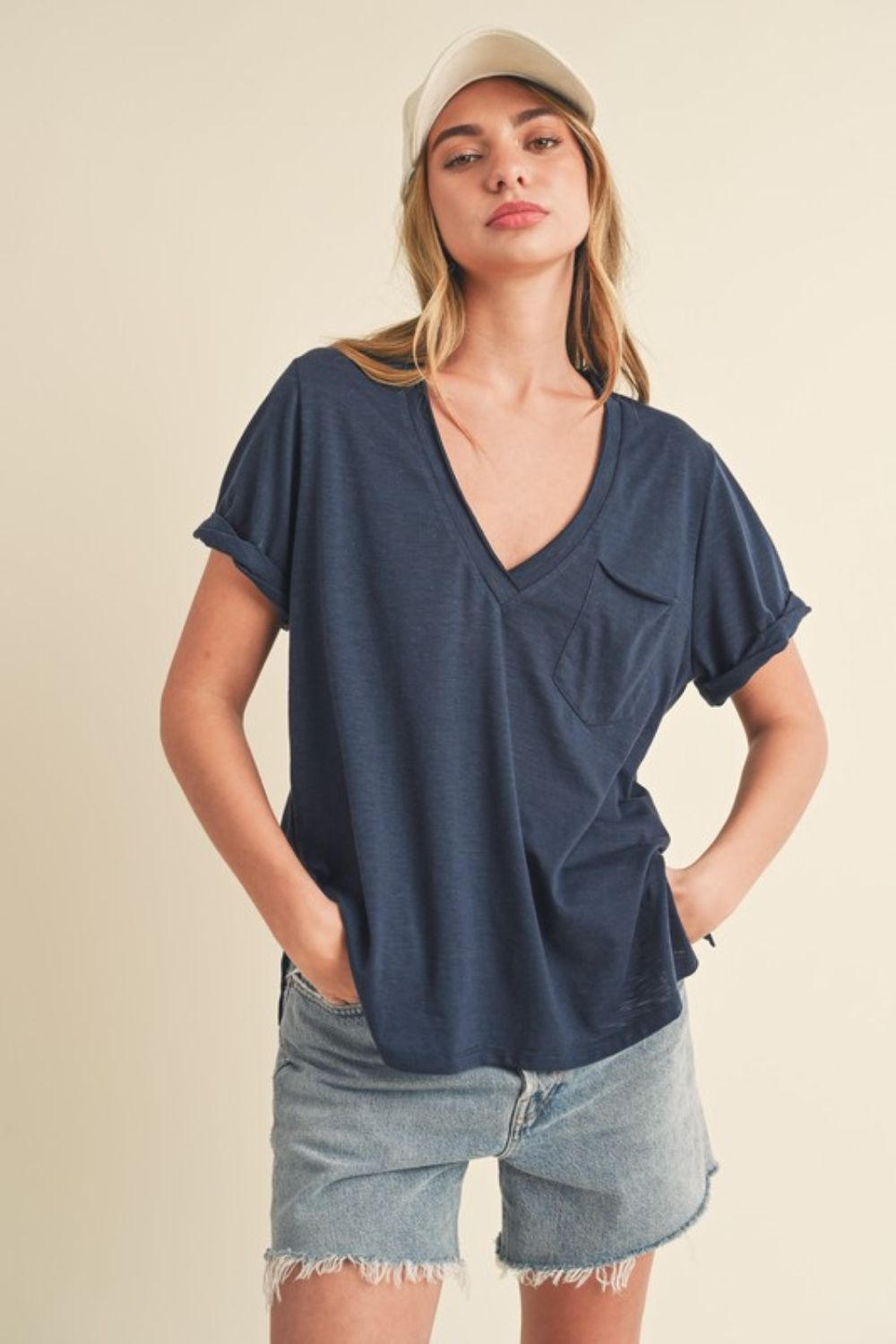Aemi + Co Side Slit V-Neck Short Rolled Sleeve T-Shirt