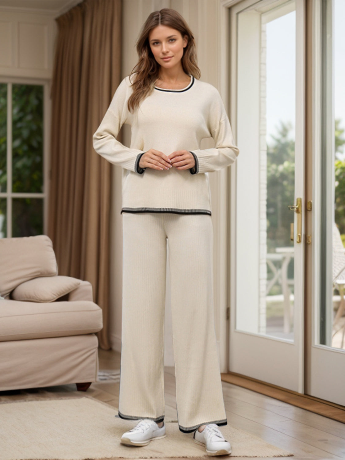 Contrast Trim Round Neck Top and Pants Sweater Set - felvior