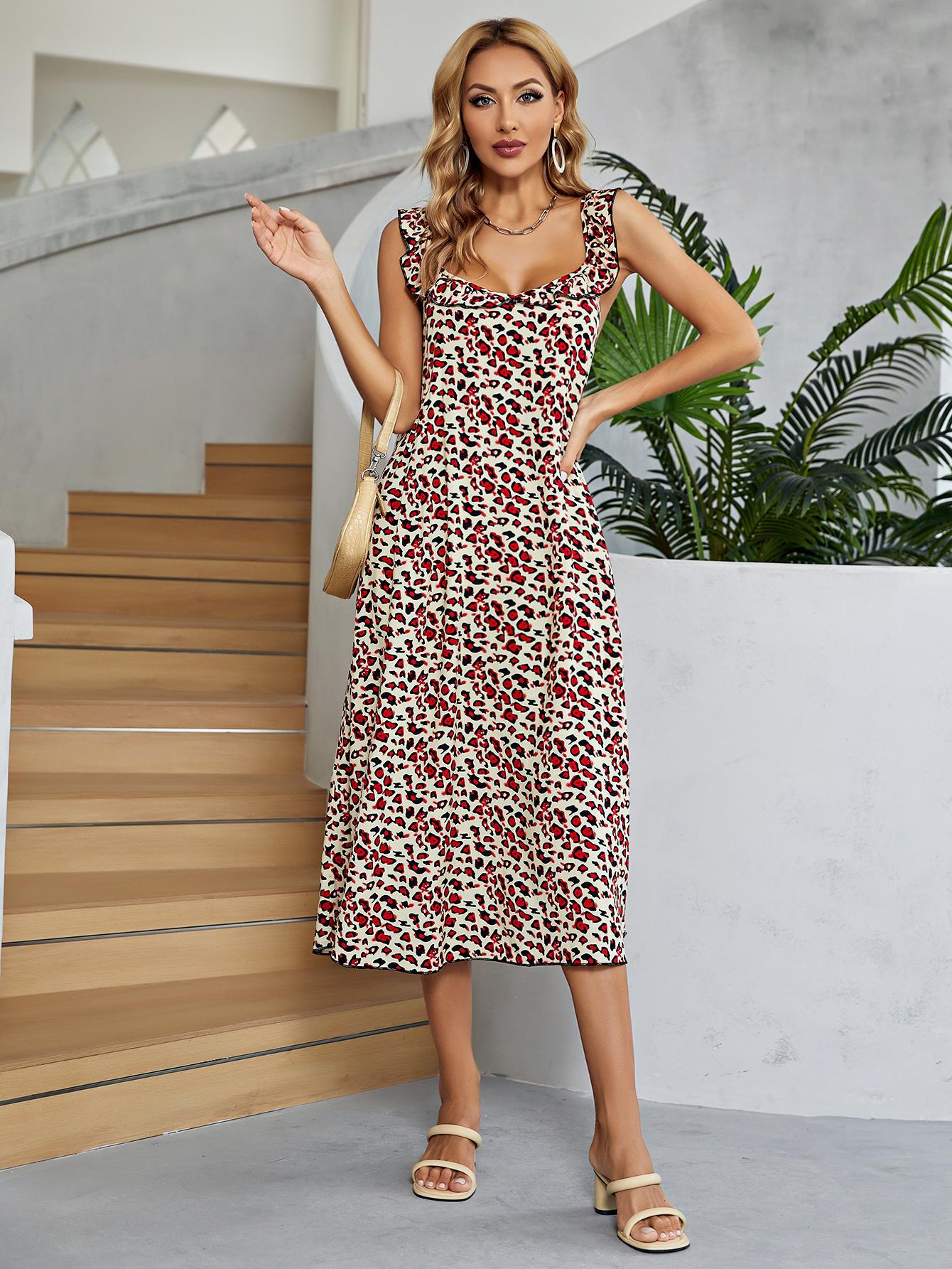 Printed Ruffled Sleeveless Midi Dress - felvior