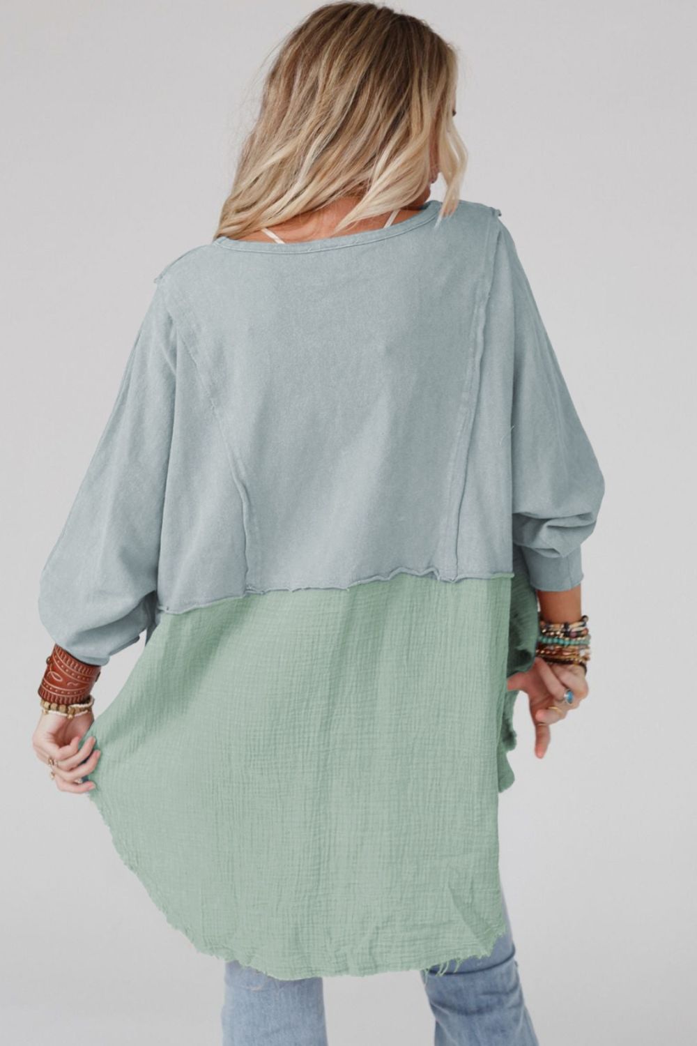 Contrast Texture Round Neck Long Sleeve Blouse - felvior