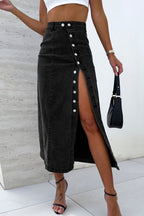 Button Fly Side Split Denim Midi Skirt