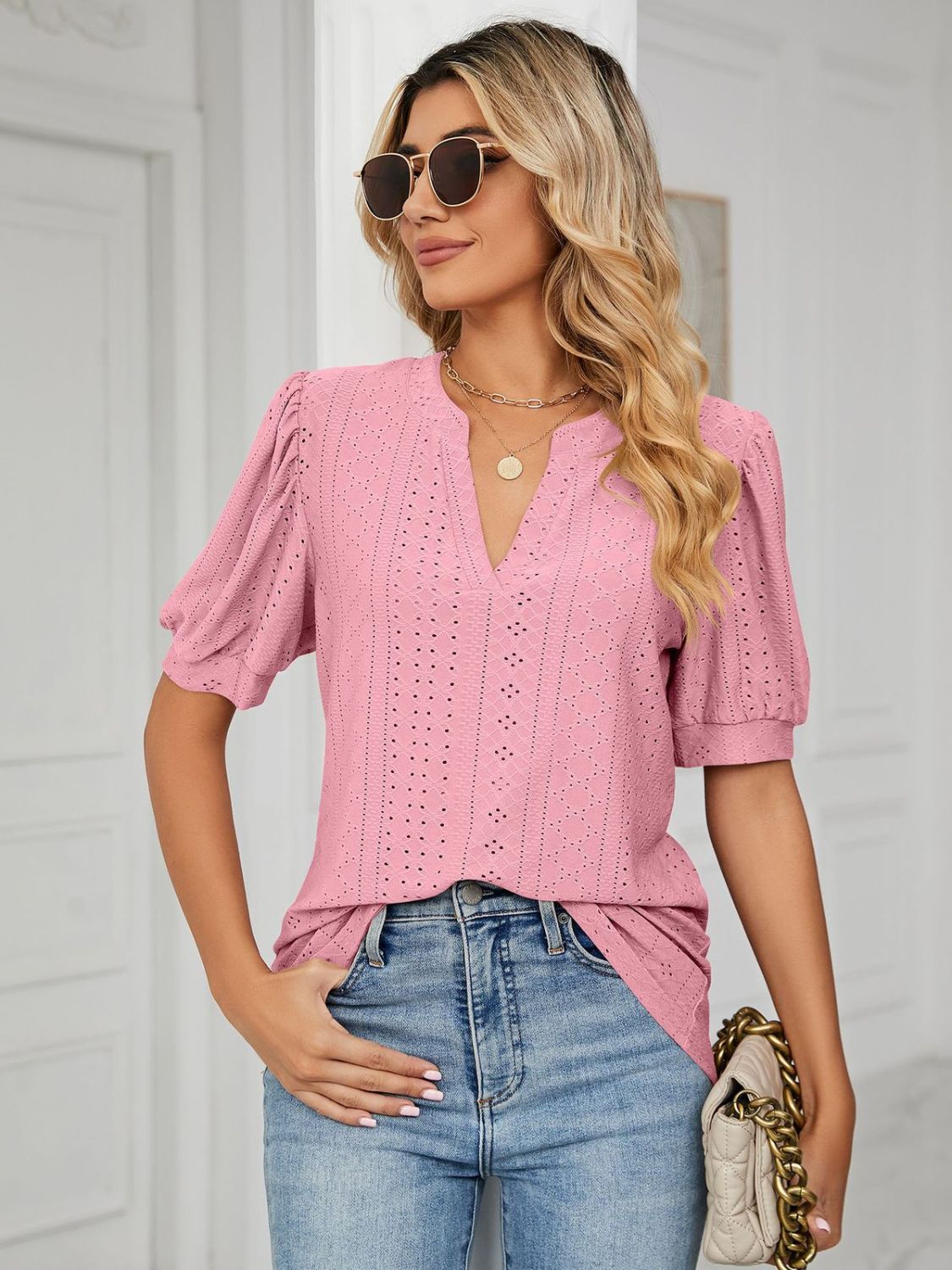 Florira Eyelet Notched Short Sleeve T-Shirt