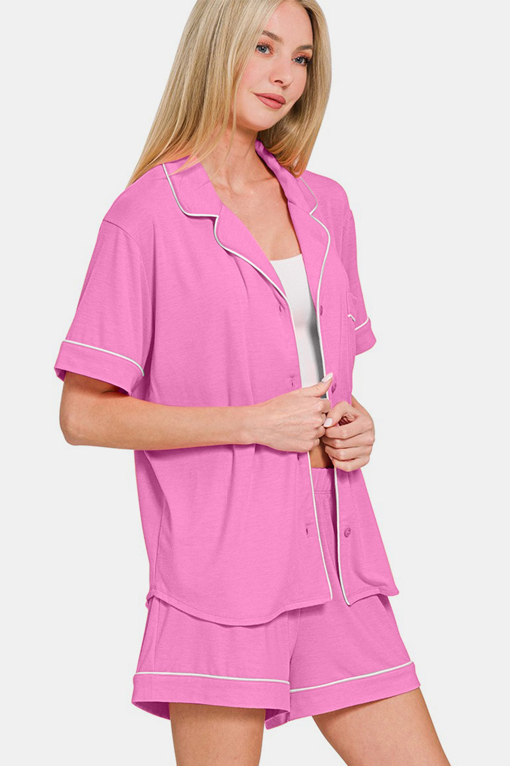 Zenana Button Down Short Sleeve Top and Shorts Lounge Set - felvior