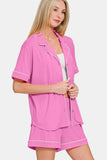 Zenana Button Down Short Sleeve Top and Shorts Lounge Set - felvior