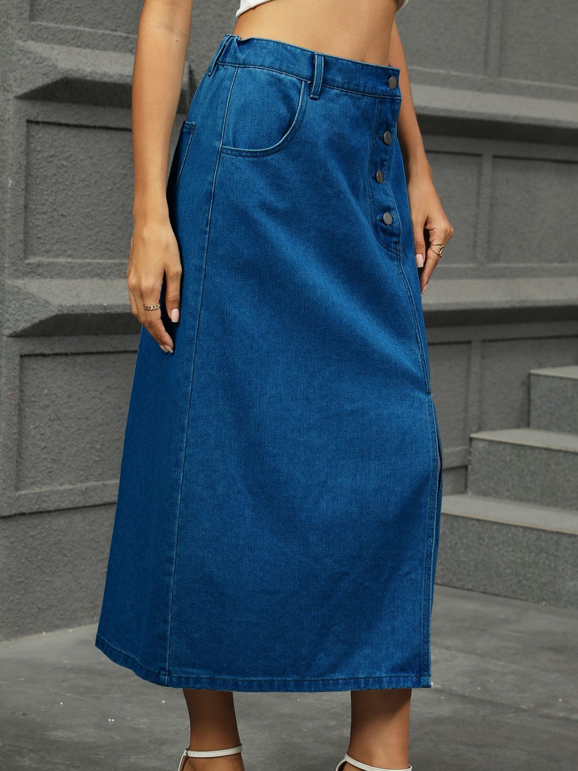 Slit Button Detail Denim Midi Skirt - felvior