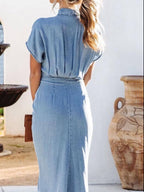 Collared Neck Tie Waist Short Sleeve Denim Dress