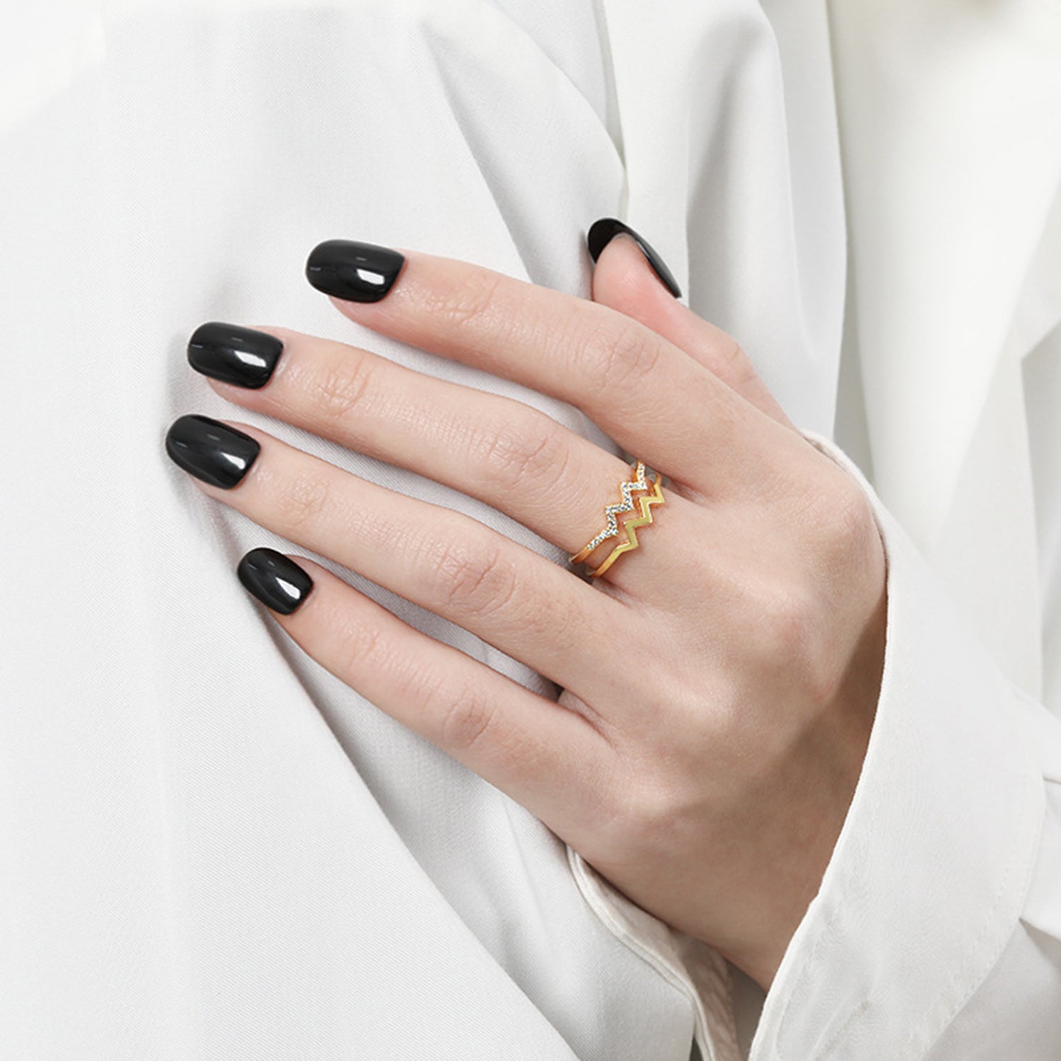 Wave Shape Inlaid Zircon Open Ring - felvior