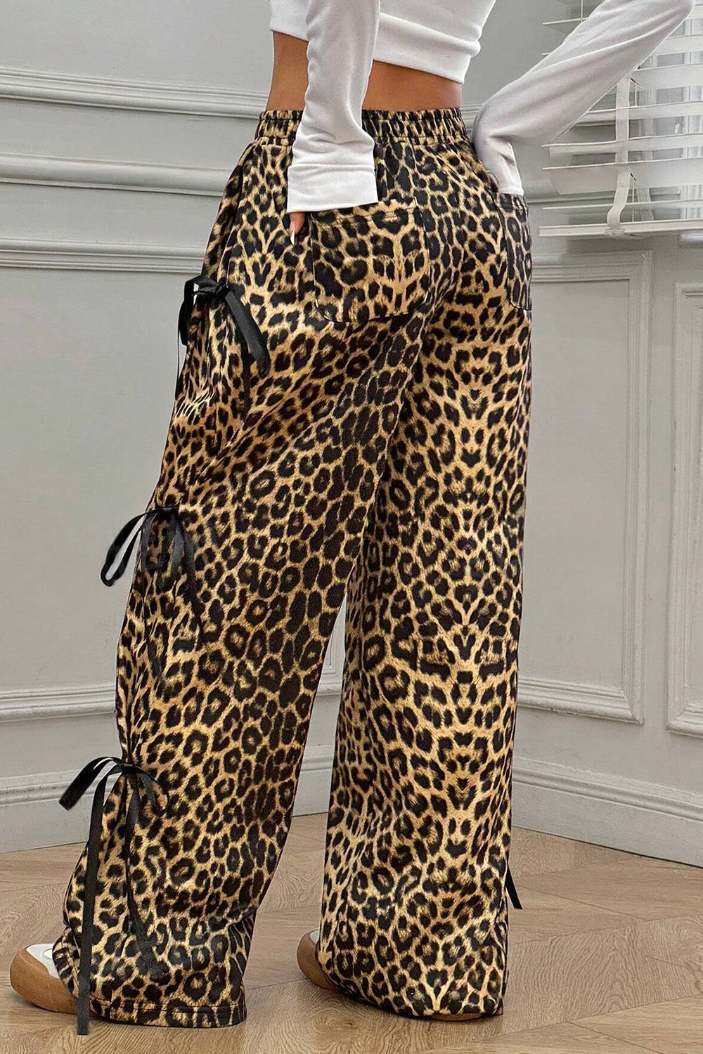 Leopard Bow Tie Elastic Waist Pants - felvior