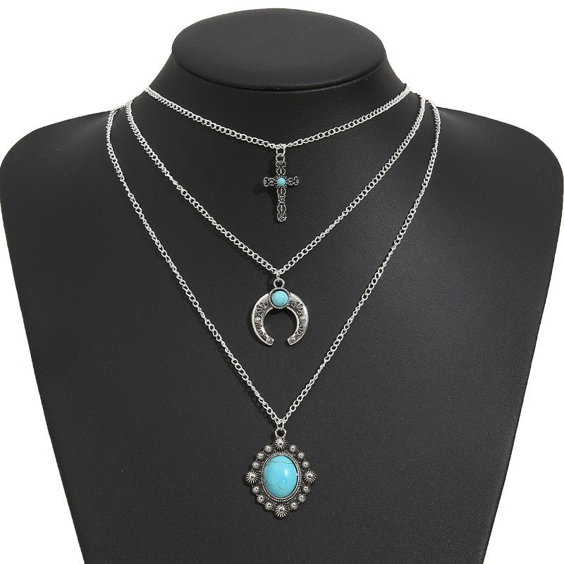 Artificial Turquoise Alloy Three-Layered Necklace - felvior