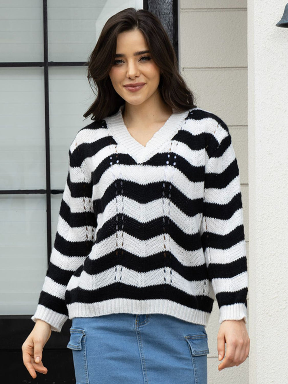 Openwork Striped V-Neck Sweater - felvior