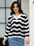 Openwork Striped V-Neck Sweater - felvior