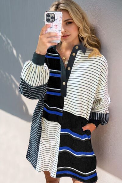Oh Full Size Striped Half Button Long Sleeve Mini Dress Hauptbild