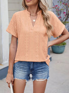 Eyelet Notched Short Sleeve Top
