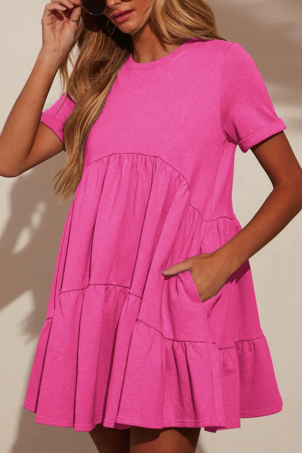 Tiered Round Neck Short Sleeve Mini Dress - felvior
