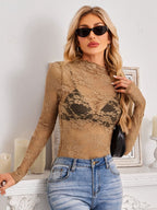 Mock Neck Long Sleeve Lace Sheer Top