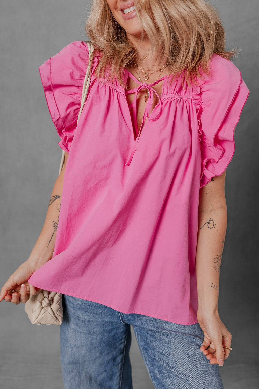 Shirred Tie Neck Ruffled Cap Sleeve Blouse - felvior