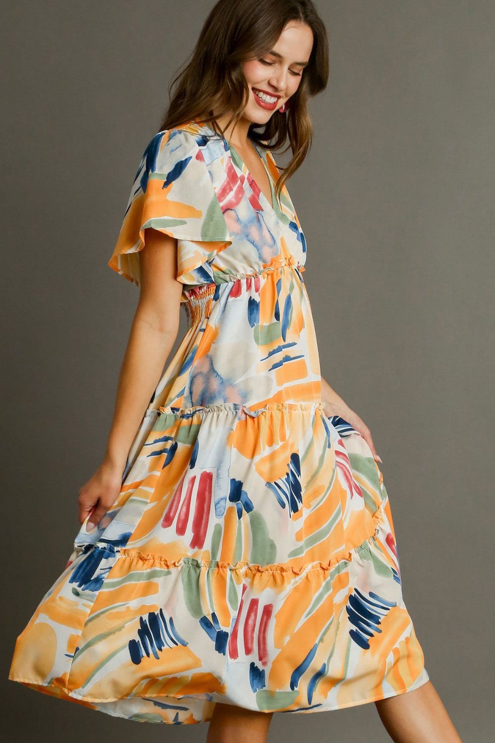 Umgee Full Size Abstract Print Flutter Sleeve Frill Tiered Midi Dress Plus Size Zweitbild