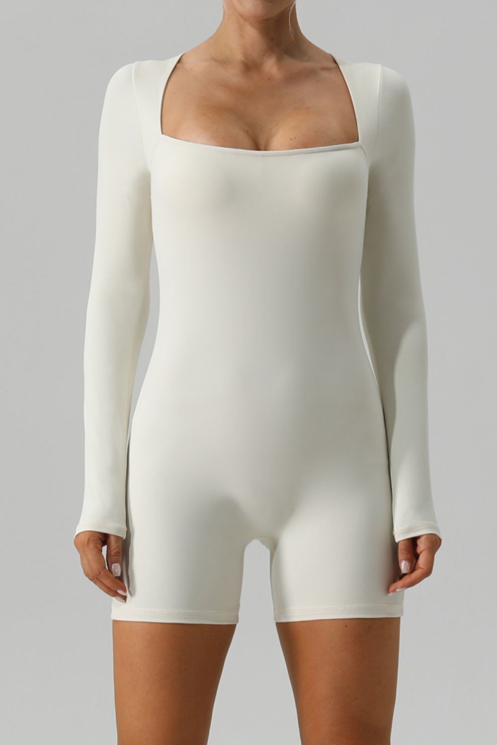 Square Neck Long Sleeve Active Romper - felvior