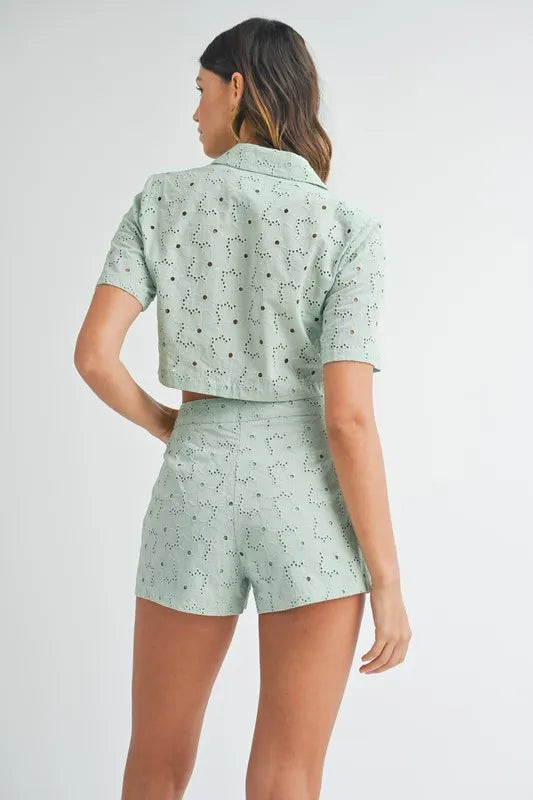 MABLE Eyelet Short Sleeve Crop Top and Shorts Set - felvior