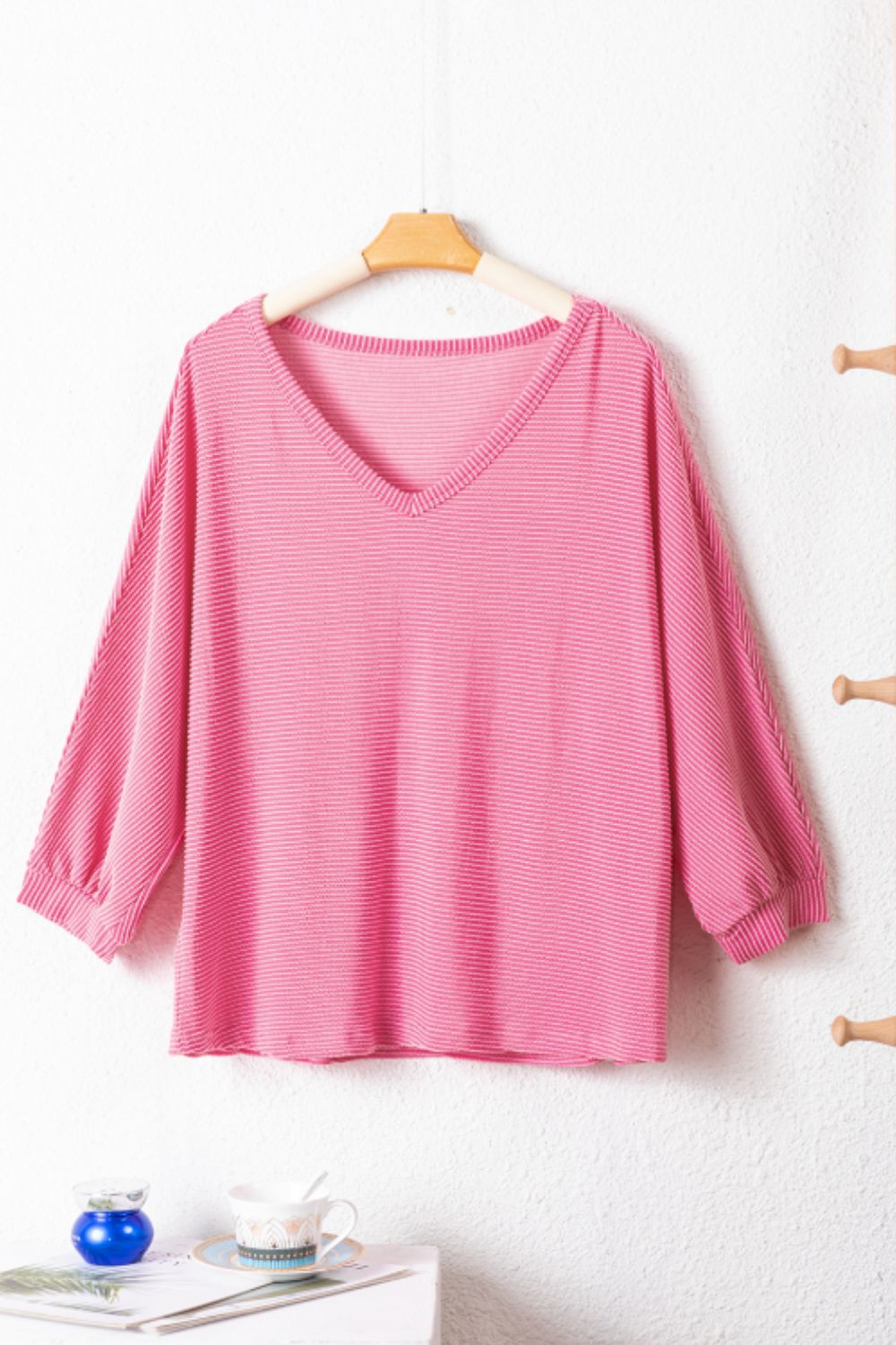 Texture V-Neck Long Sleeve Top - felvior
